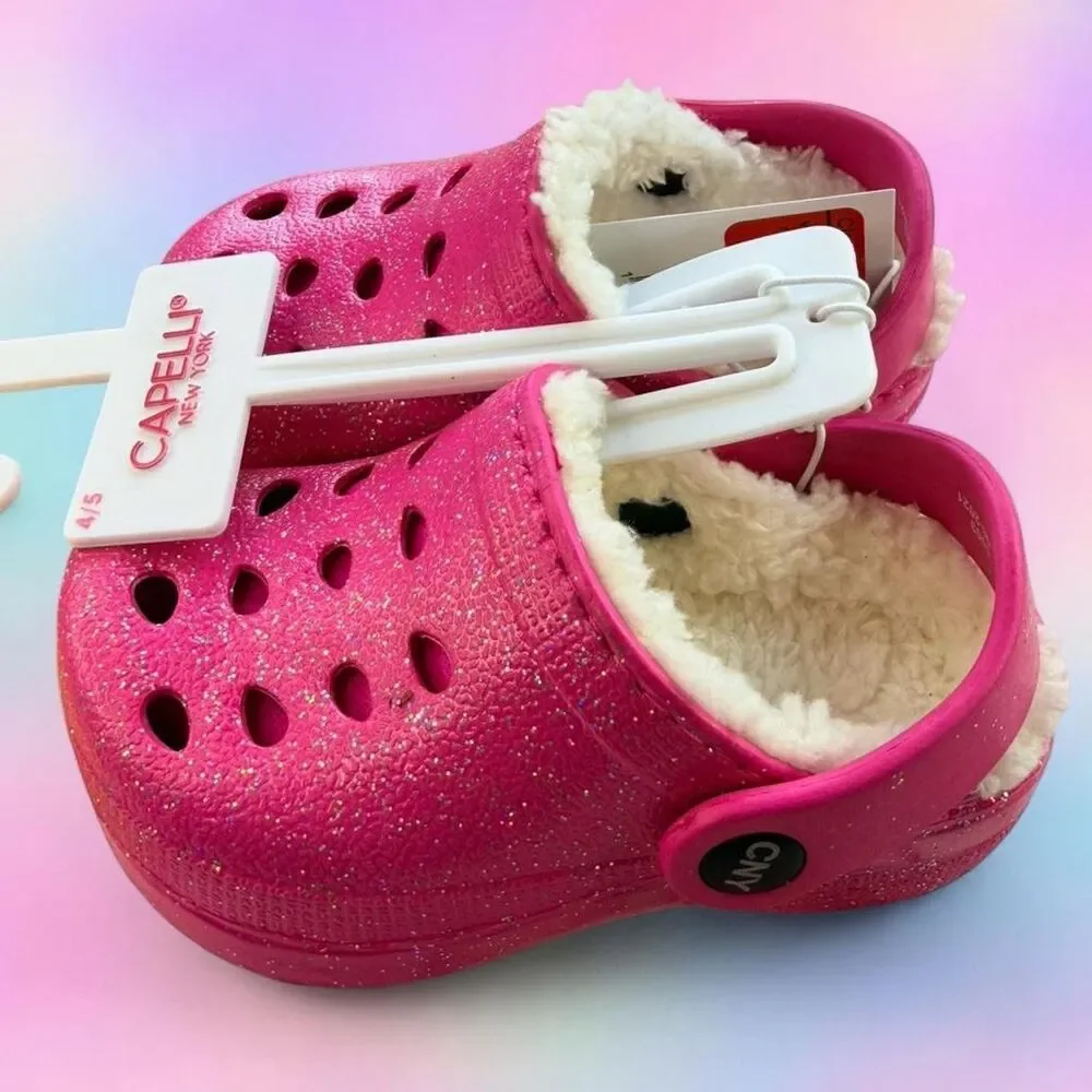 Capelli of New York Kids' Hot Pink Glitter Clog with Sherpa